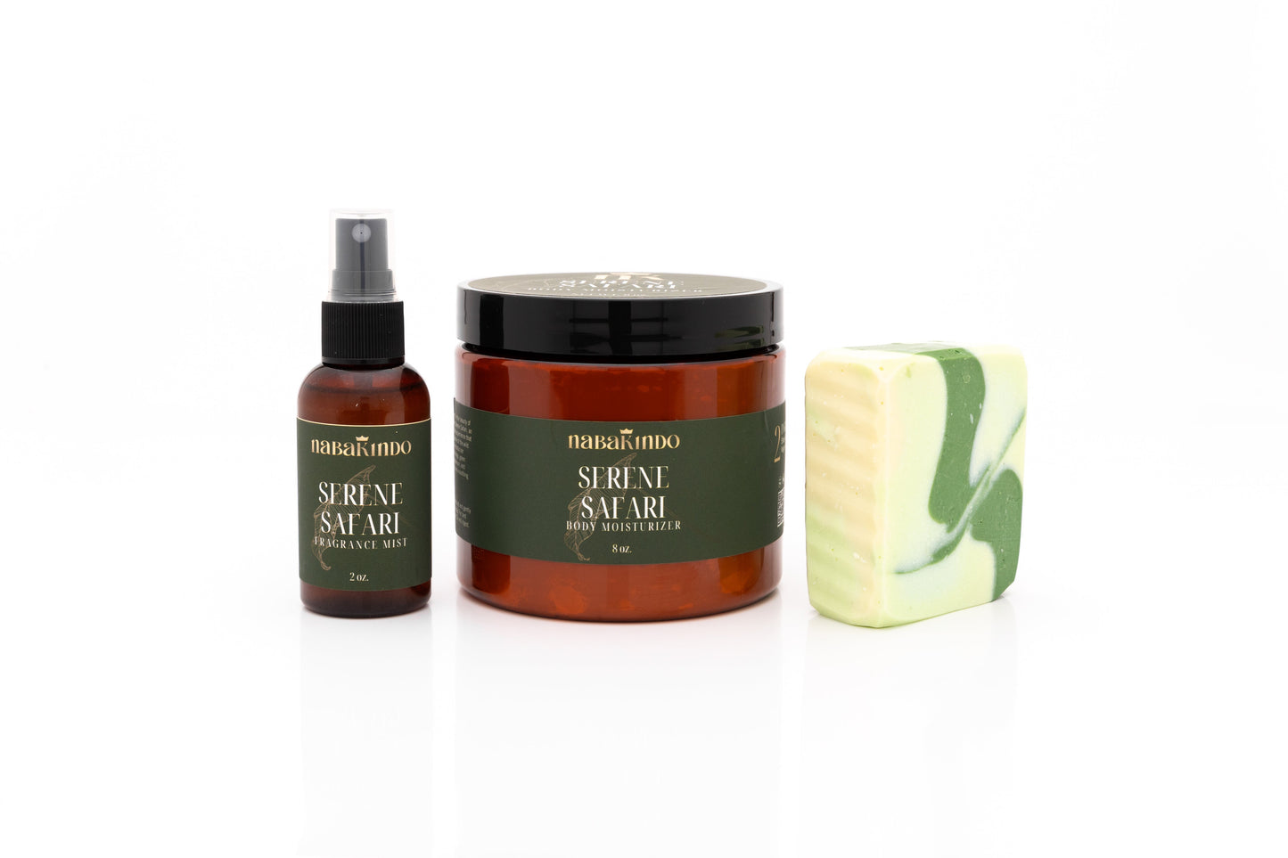 Serene Safari Product Bundle which indludes: Serene Safari Body Moisturizer, Serene Safari Body Spray, and the Serene Safari Vegan Bar.